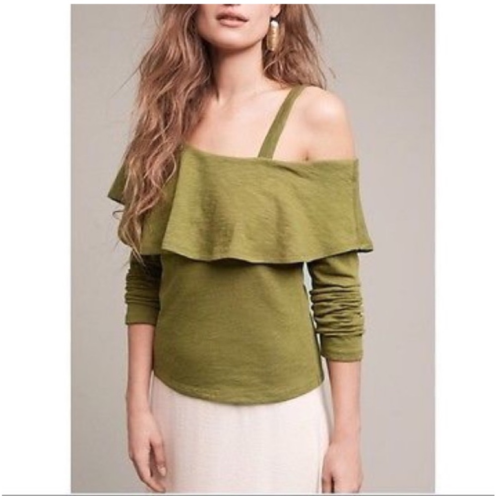 ANTHROPOLOGIE Olive Green Asymmetrical  One Shoulder Top